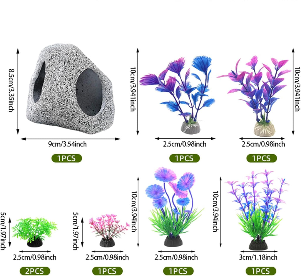 Fish Tank Decorations Set, Aquarium Decor Hideaway Rock Cave x 1pc, Decor Accessories Aquatic Plants x 6pcs.