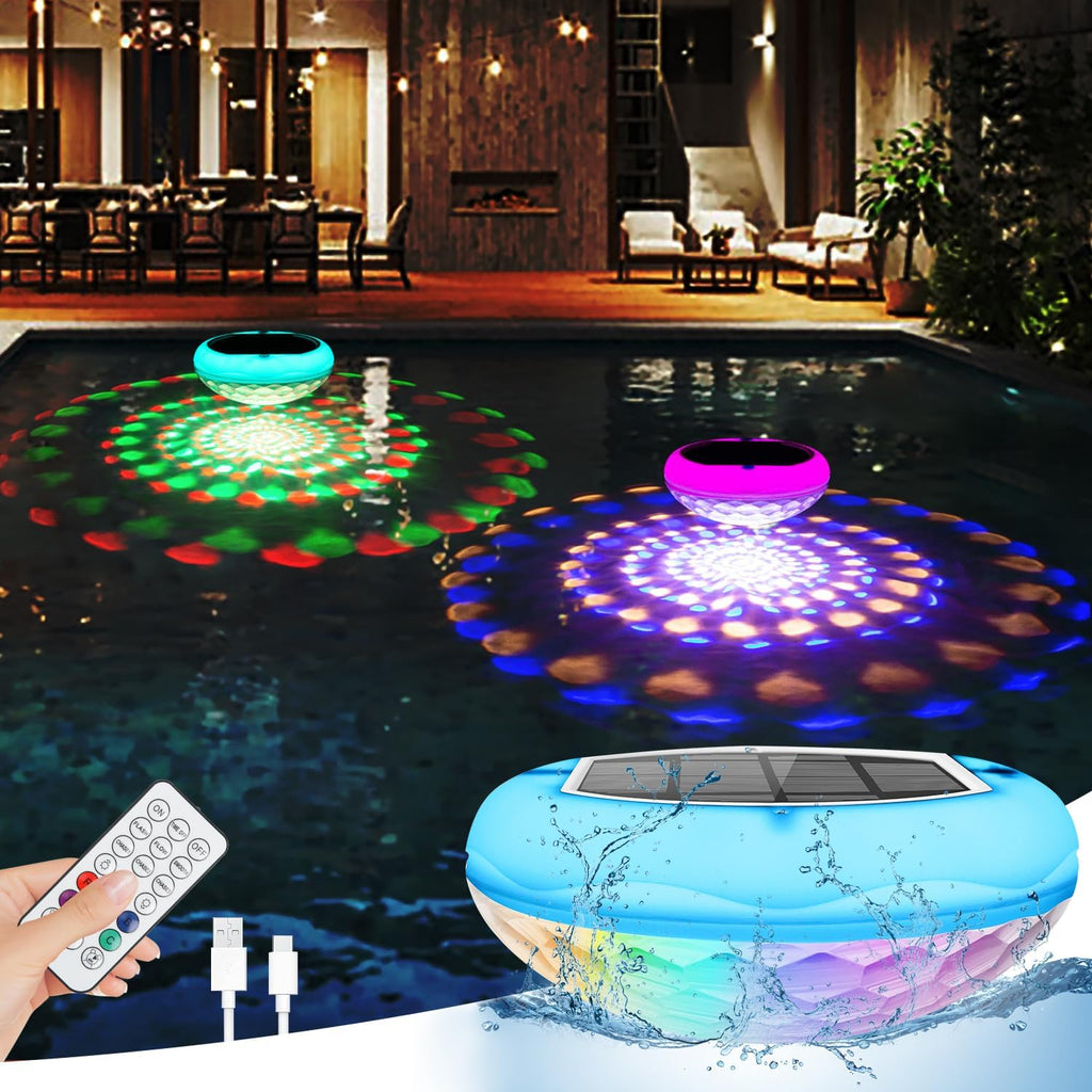 Pool Lights, 2-in-1 Solar USB Rechargeable Floating Pool Lights, 6.69 Inch 2600mAh IP68 Waterproof 6 Dynamic Modes Upper and Lower Color Changing Hangable Solar Floating Light for Pools 1 PCS