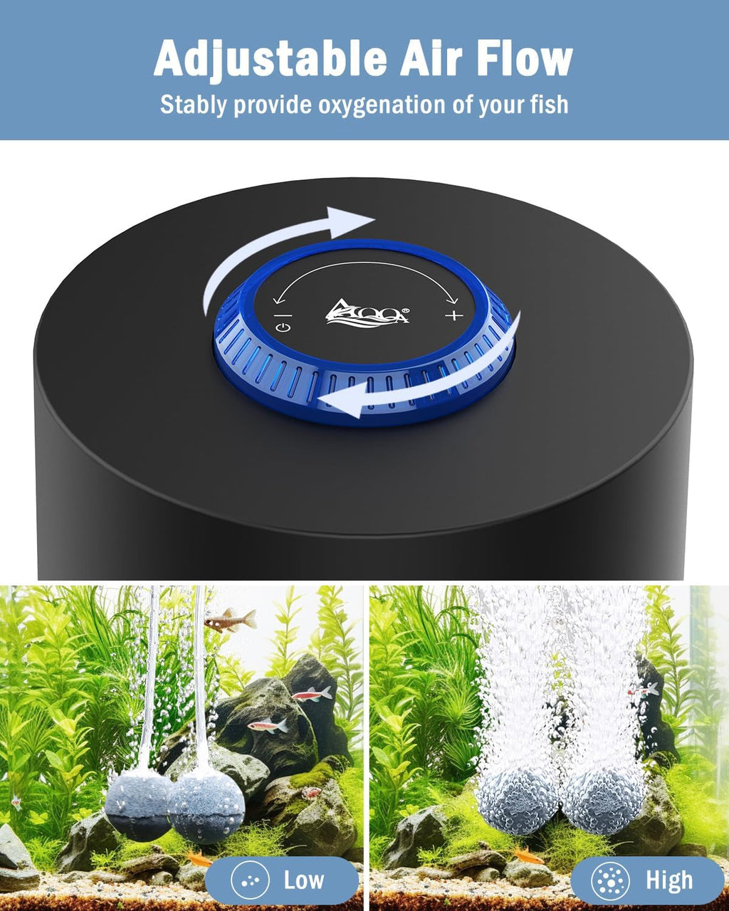 AQQA Aquarium Air Pump, Quiet Powerful Fish Tank Air Pump 3W/6W/10W with Stainless Steel Dual Outlet, Adjustable Oxygen Aerator Pump with Air Stone Bubbler for Fish Tank Up to 200 Gallon 10W (Tubby)