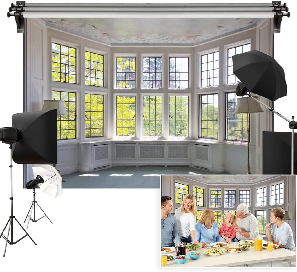 10x8ft Window Landscape Backdrop Summer White Panel Window Green Plant Sunlight Photography Background Anniversary Birthday Party Holiday Festival Portrait Studio Photo Props Polyester
