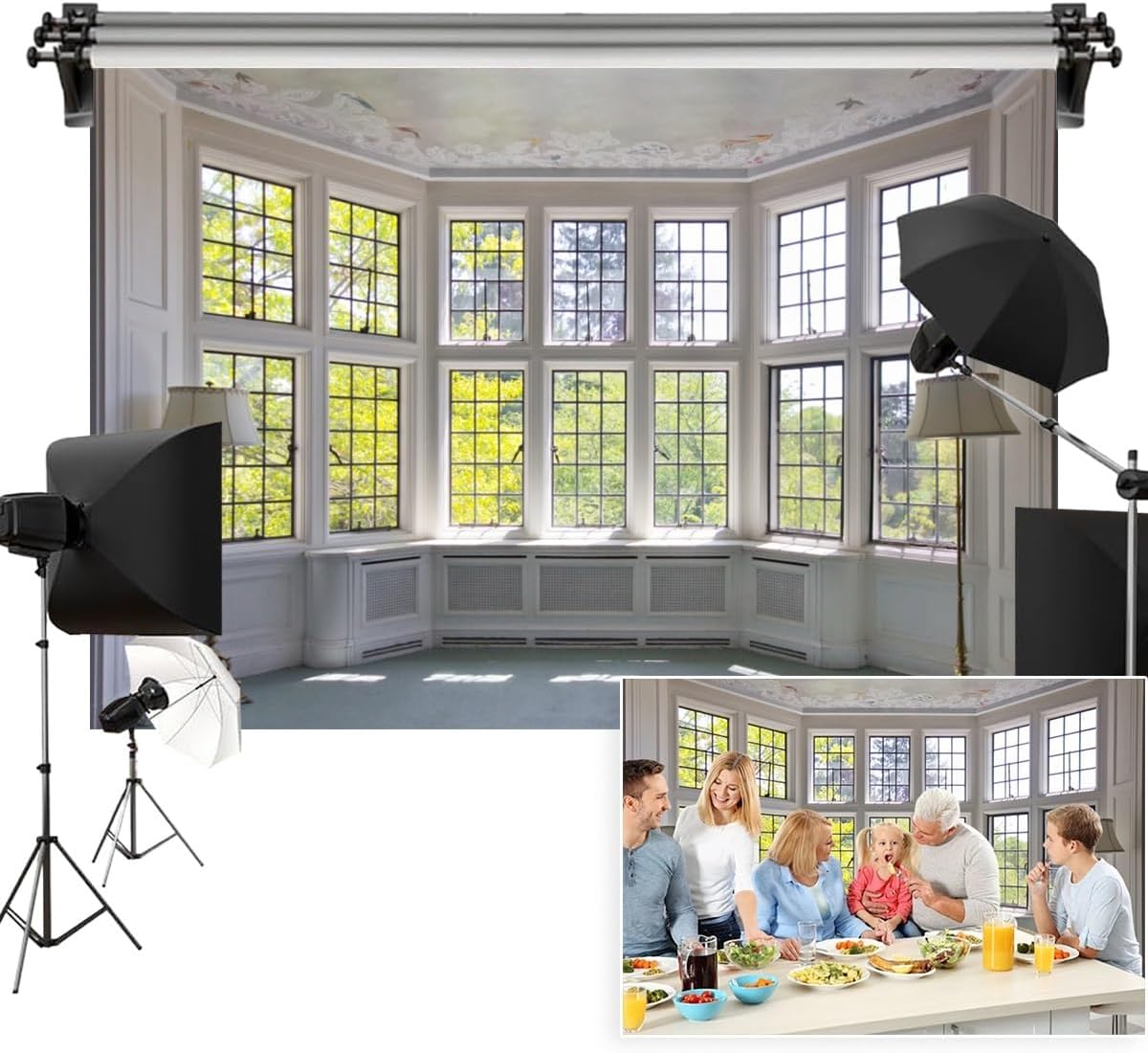 10x8ft Window Landscape Backdrop Summer White Panel Window Green Plant Sunlight Photography Background Anniversary Birthday Party Holiday Festival Portrait Studio Photo Props Polyester