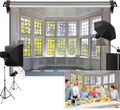 12x8ft Window Landscape Backdrop Summer White Panel Window Green Plant Sunlight Photography Background Anniversary Birthday Party Holiday Festival Portrait Studio Photo Props Polyester