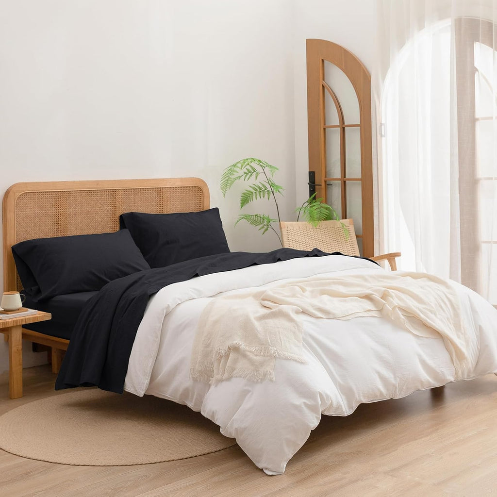 BESTOUCH Sheet Set 100% Washed Cotton Linen Feel Super Soft Comfortable Chic Lightweight 4 Pcs Home Bedding Set Solid Deep Black Queen