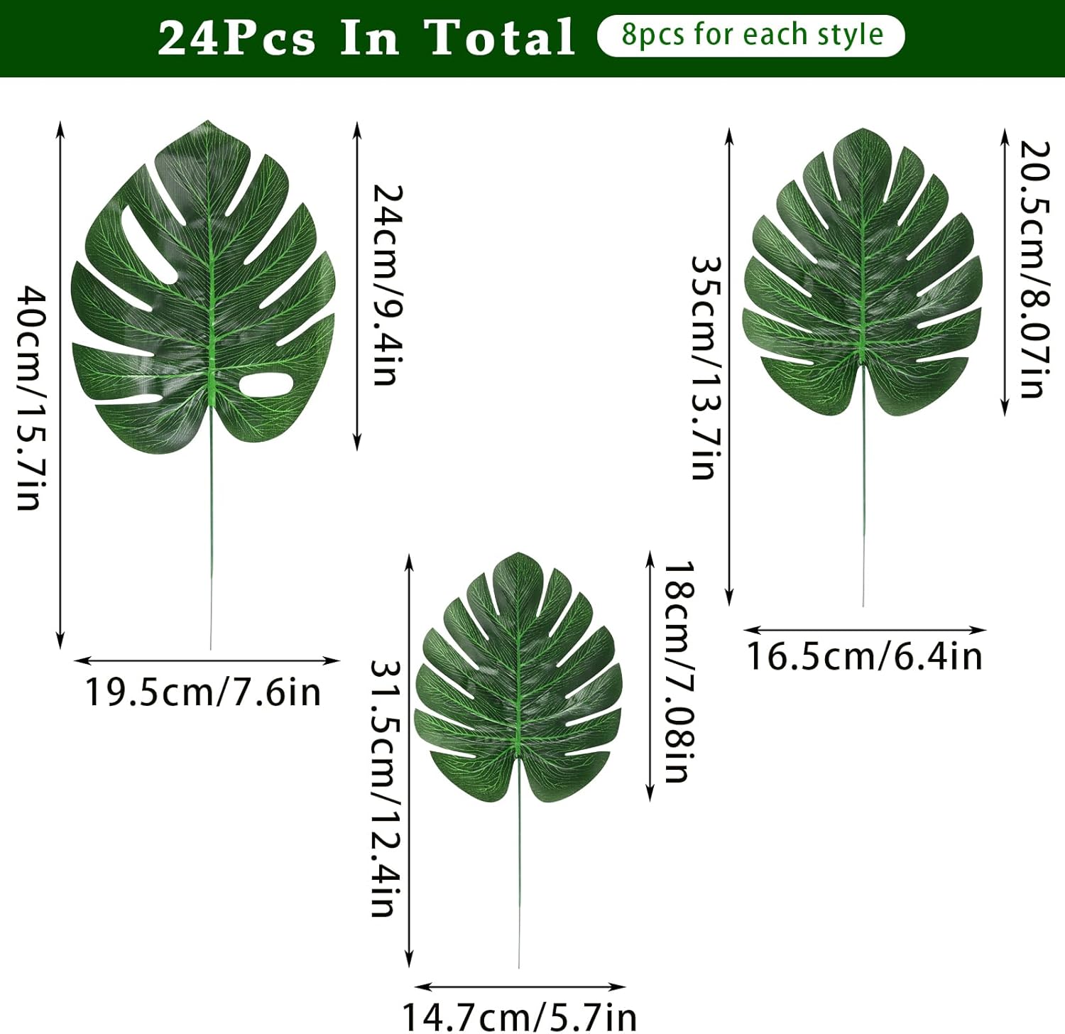 KIMOBER 24PCS Artificial Palm Leaves,Mixed Size Green Faux Tropical Monstera Leaves Realistic Artificial Plants Leaf for Home Hawaiian Luau Party Jungle Beach Decorations