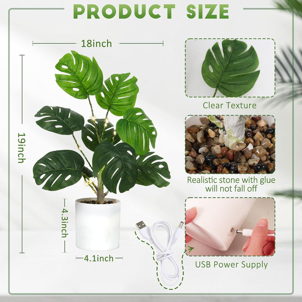 RECUTMS Fake Plants Tall 18In with Light Artificial Monstera Plant Potted Tropical Palm Tree in White Pot Faux Potted Greenery for Indoor Home Office Table Living Room Balcony Porch Outdoor Decor