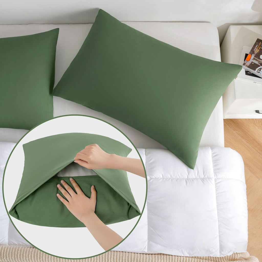 JELLYMONI Pillowcases Standard Set of 2 Cotton Envelope Pillow Covers Green 20×26in Bed Pillow Cases 100% Washed Cotton Soft Breathable (Pillows are not Included)