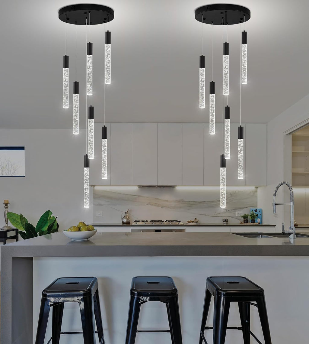 Modern High Ceiling Crystal Chandelier 7-Lights, Spiral LED Raindrop Foyer Pendant Lighting, Bubble Staircase Living Room Hanging Light Fixture Flush Mount Black
