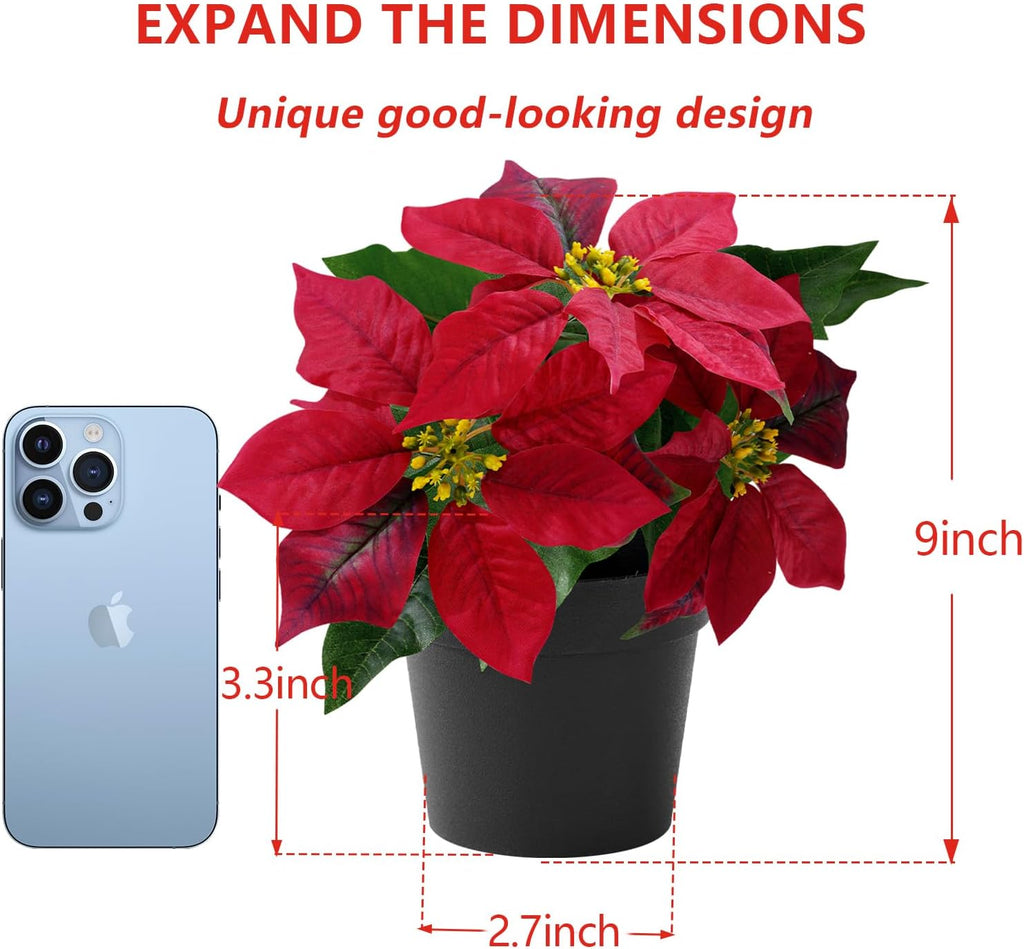 Poinsettias Artificial Christmas Flowers Tabletop Small Red Poinsettia Plant Artificial 9 Inch Faux Winter Flowers for Xmas Ornament Porch Home Garden Decorations(2 Pack)