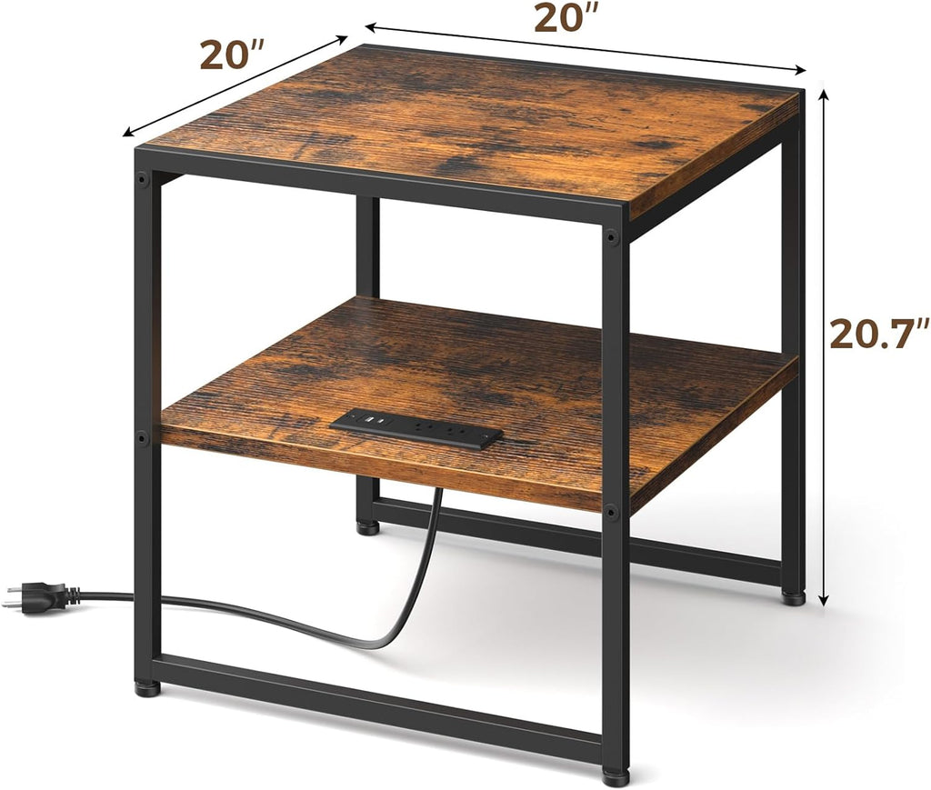 Tatub 20" End Table with Charging Station, Industrial Square Side Table with USB Ports & Outlets, Versatile 2-Tier Small Nightstand for Bedroom Living Room, Rustic Brown