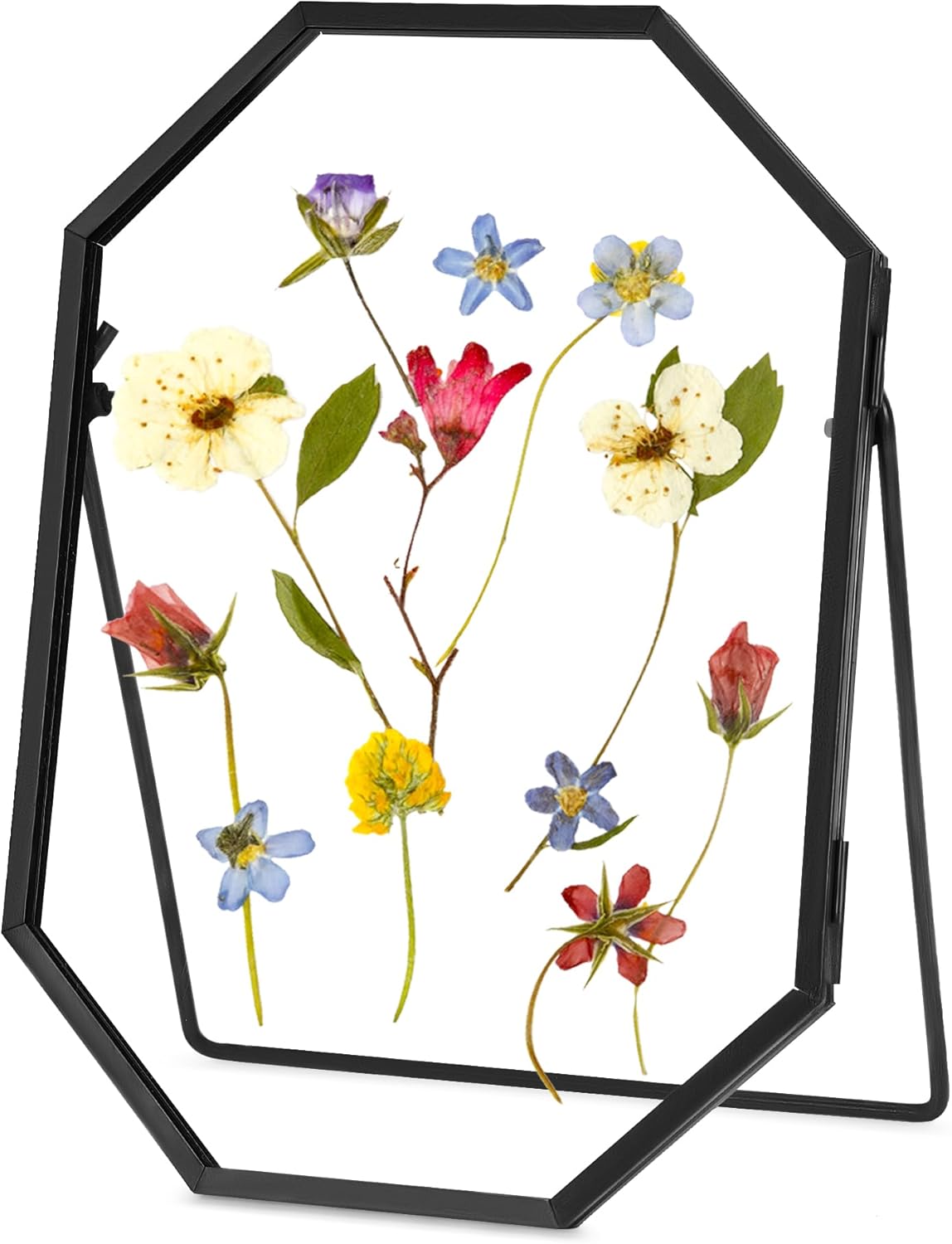 Glass Pressed Flower Frame Handmade, Metal Floating Picture Frame, Double Glass for Pressed Flowers Tabletop Display, Unique Brass Octagon, Black, 5x7 Inches (FRAME ONLY)