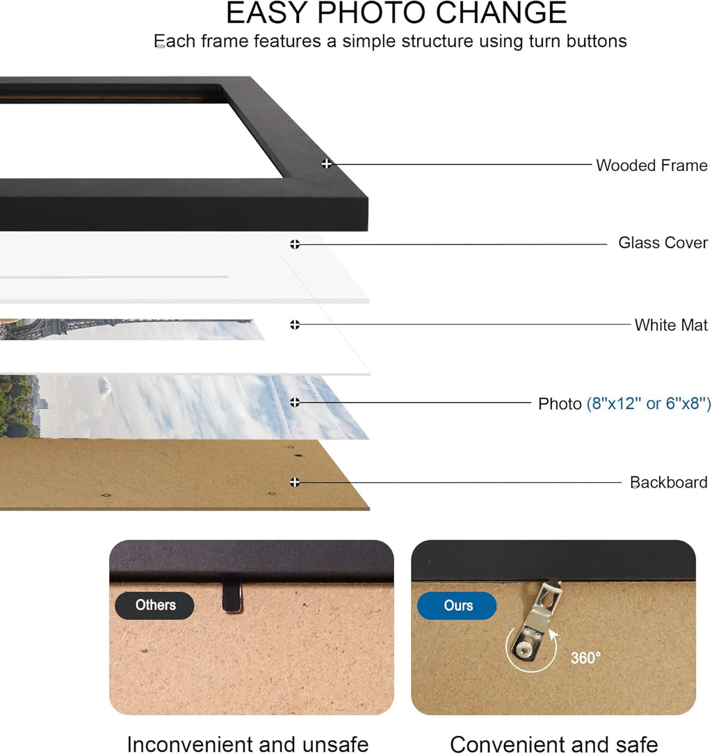 8x12 Picture Frame Set of 4, Made of Real Glass and Black Wooden Frame - Display 6x8 Picture with Mat or 8 x 12Poster Without Mat, 8 by 12 Photo for Wall or Tabletop