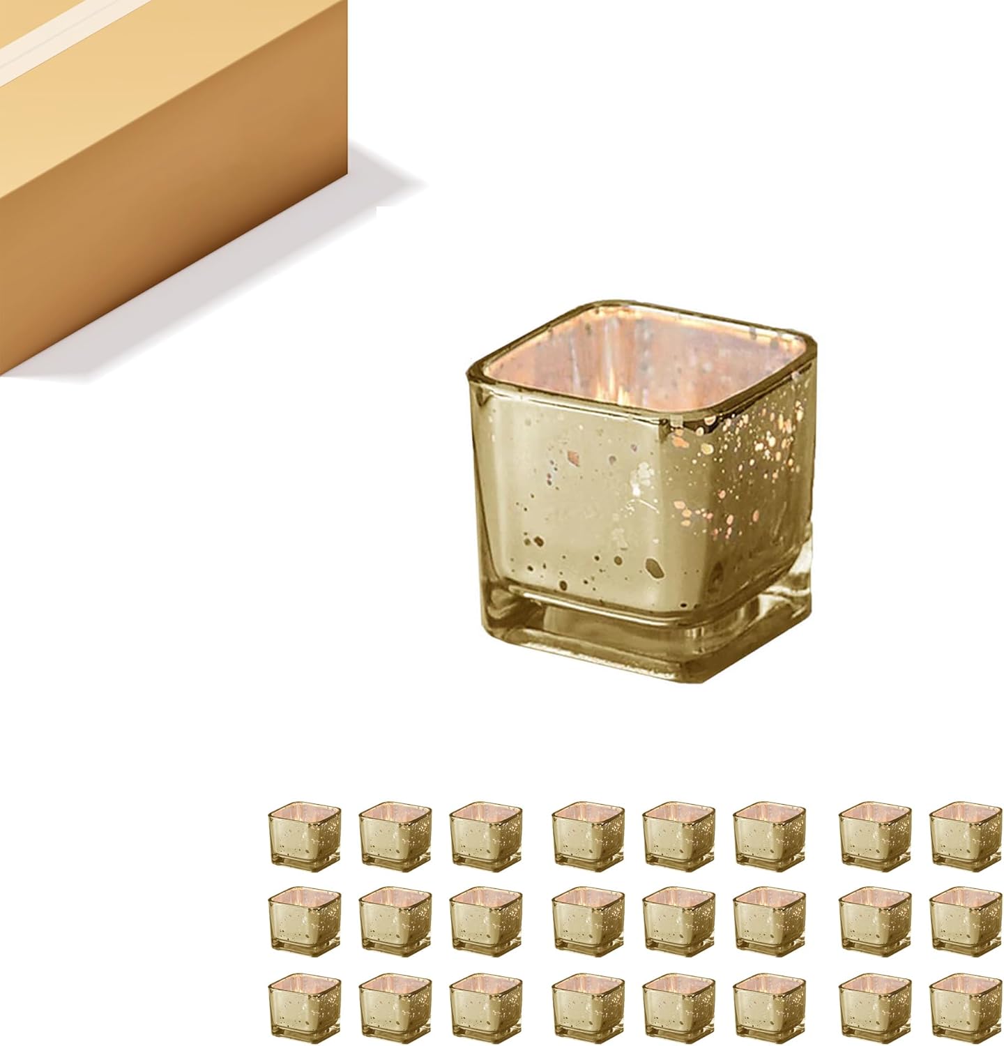 WGVI 24 Pcs Gold Speckled Square Glass Tea Light Votive Candle Holders, Width 2", Height 2", Small Cube CandleHolders Container Terrarium Tabletop Ambient Décor