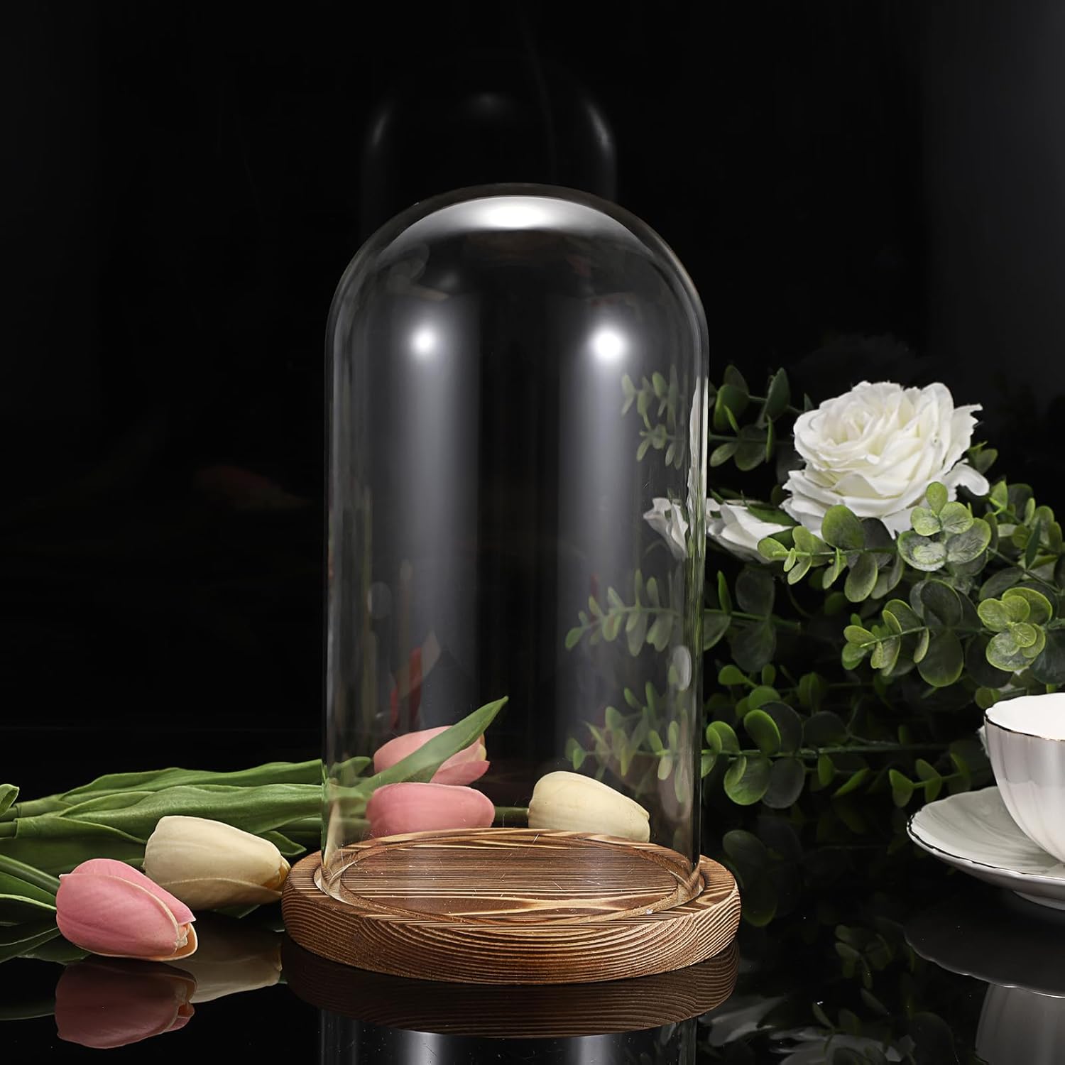 JUXYES Pack of 2 Glass Display Dome Cloche with Solid Wood Base, Clear Dome Bell Terrarium Jar Glass Cloche Bell Jar Display for Plants Collectible Figure