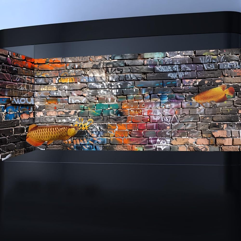 Graffiti Brick Wall Aquarium Background, Art Graffiti Theme Brick Wall Fish Tank Background, Cool Brick Wall Terrarium Background 48X18IN with 8 EVA Double-Sided Tape