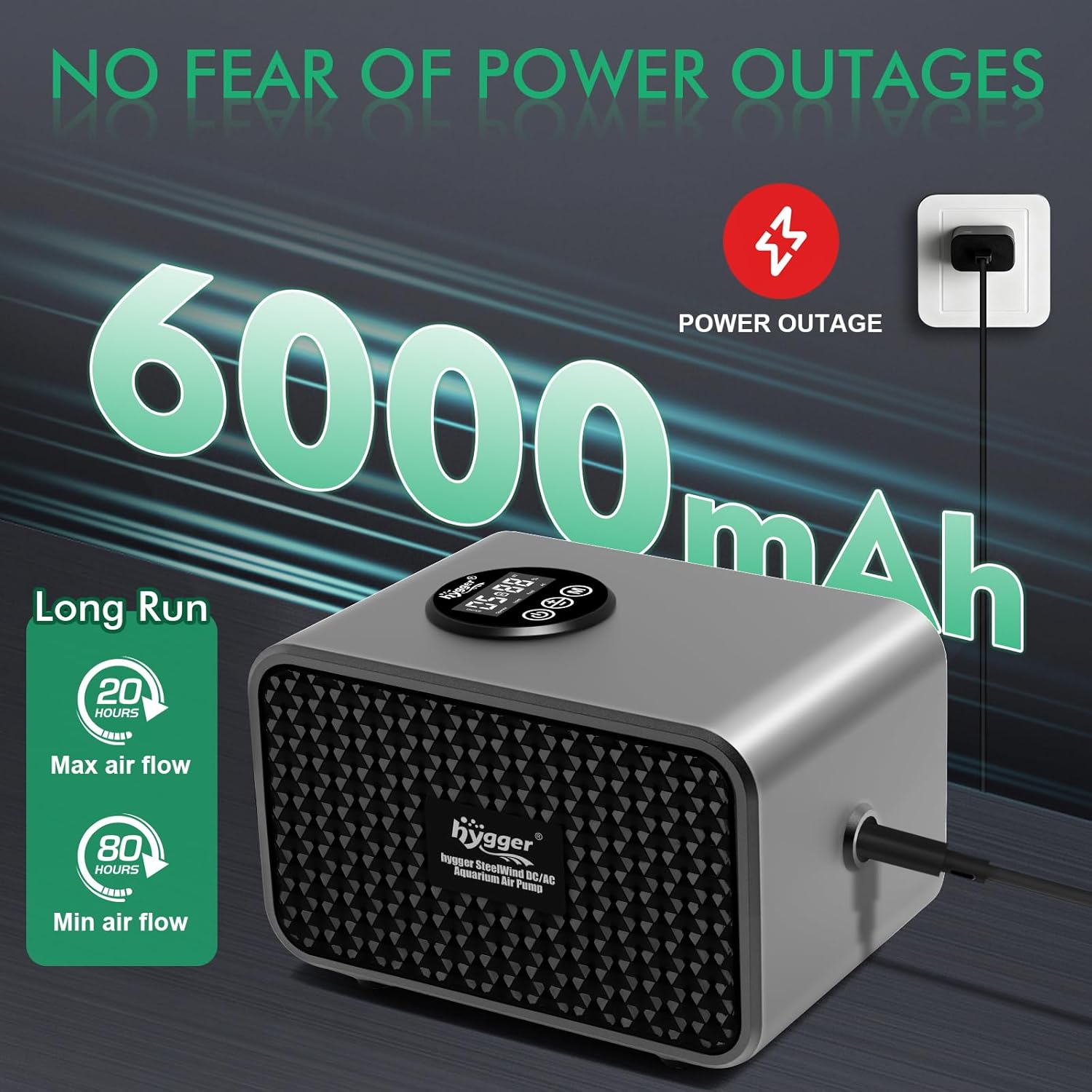 hygger Rechargeable Battery Powered Aquarium Air Pump with Large Capacity, Quite Fish Tank Air Pump with LED Display, Adjustable Mode/Flow, Fish Tank Bubbler Aerator for Power Outages and Fishing