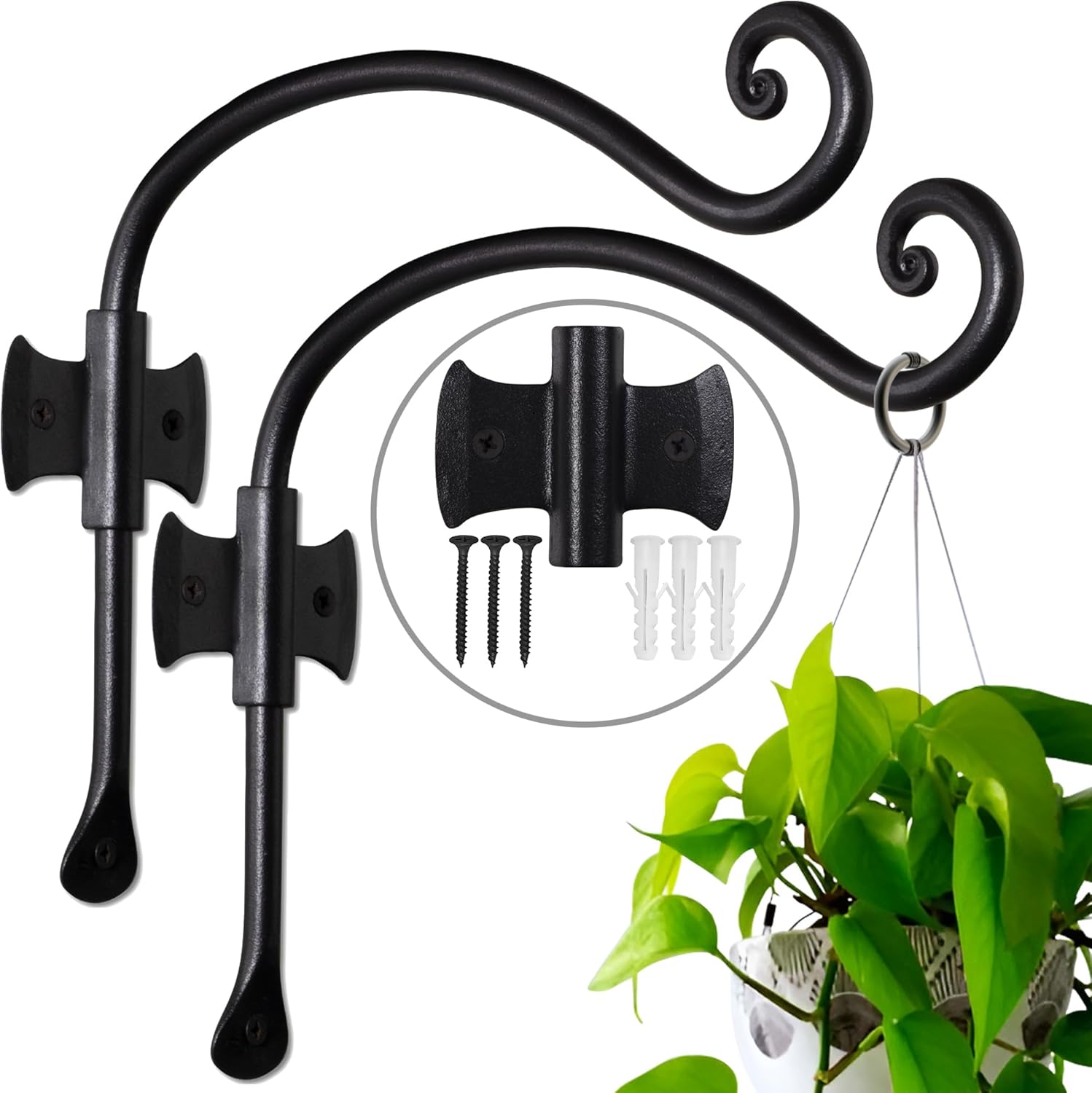 RTZEN Plant Hangers Indoor or Outdoor - Wrought Iron Metal Hanger Indoor Hook - Heavy Duty Wall Bracket Hooks for Hanging Plants Baskets Lanterns Wind Chimes - 2 Pack (Black Axe-Shape Hooks)