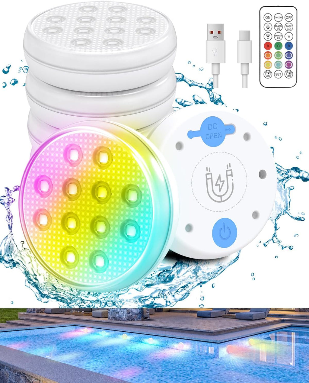 Pool Lights, Rechargeable Submersible LED Lights with Remote, IP68 Waterproof 16 Color Changing Floating Lights, Built-in Magnet Underwater Lights for Fountain, Pond, Aquarium