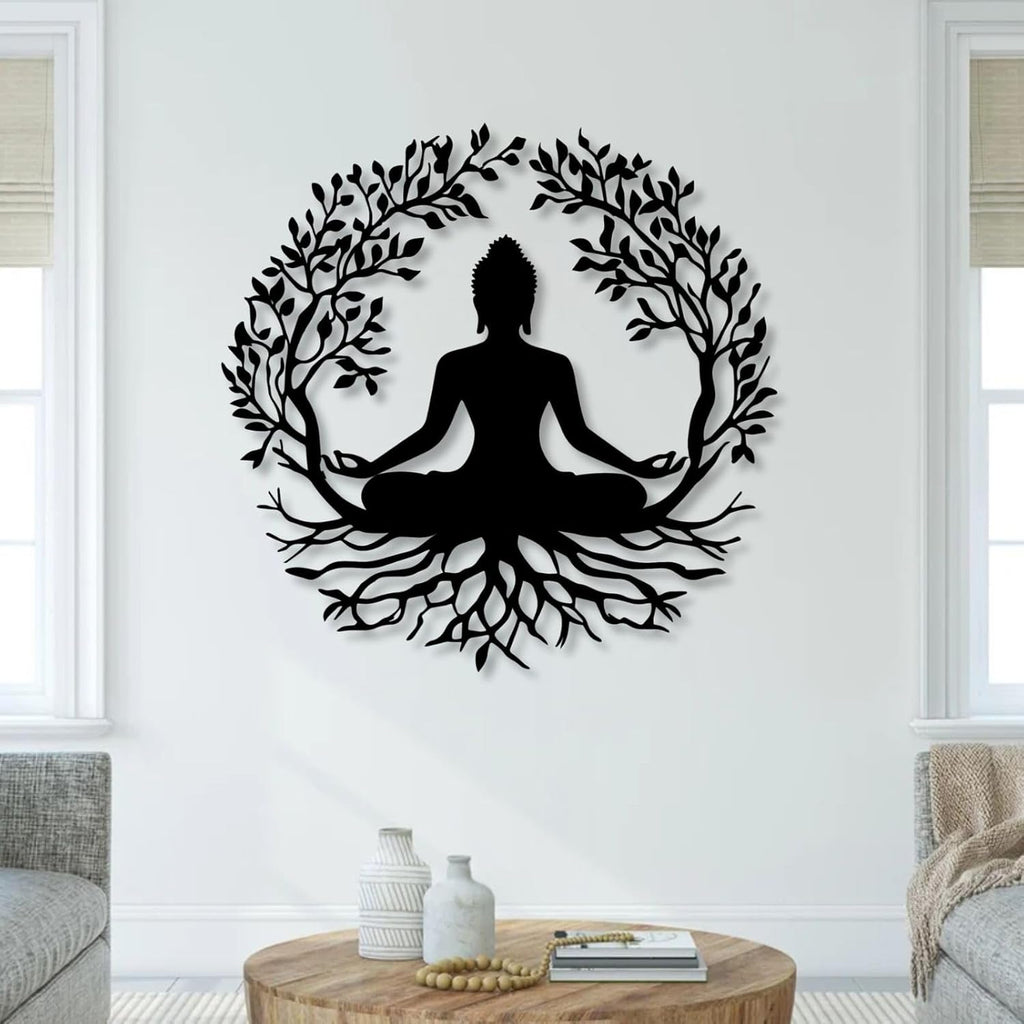 huefoam Buddha Metal Wall Art, Buddha Wall Decor, Tree of Life Metal Wall Art, Tree Wall Decor for Living Room, Bedroom, Meditation Room (Gold, 24"×24"/60×60cm, metal art wall decor)