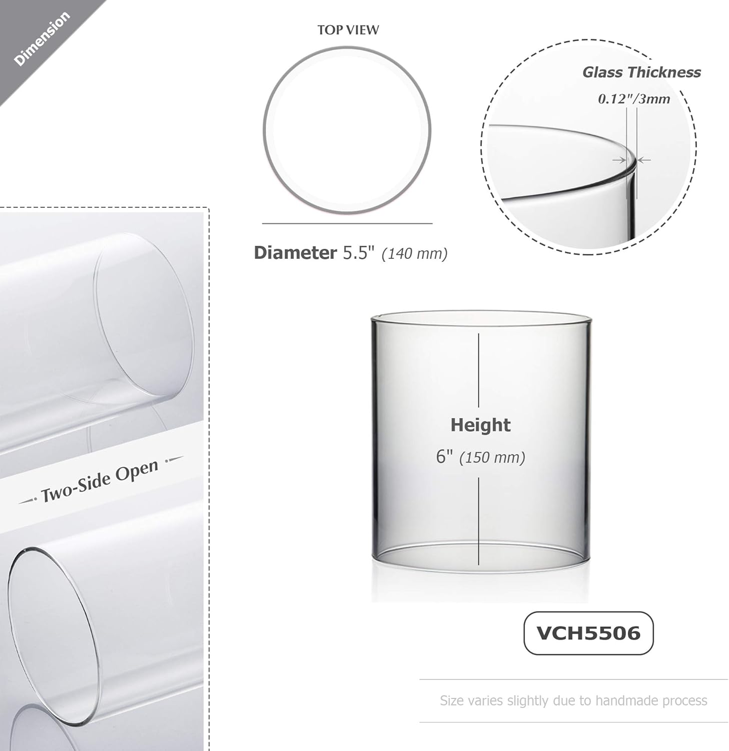 WGVI Hurricane Candle Holder Sleeve, Wide 5.5", Height 6", Clear Glass Cylinder Candleholder, Chimney Tube, Open Ended Candle Shade, 6 Pieces Bulk