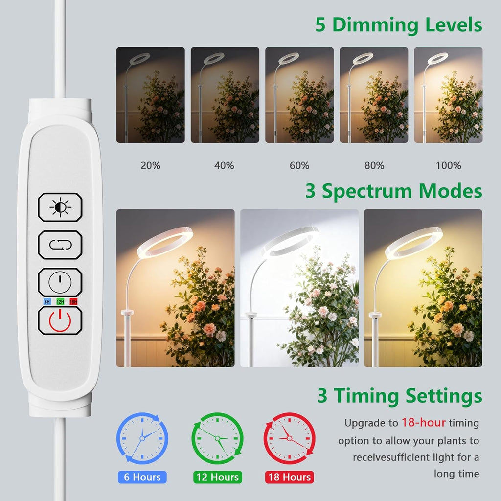 Full Spectrum Grow Light with Stand for Indoor Plants, Floor Plant Light, 6/12/18H Timer, 3 Color Modes, Adjustable Height 16.5–68in, for Large Plants & Home Décor(1 Head,White)