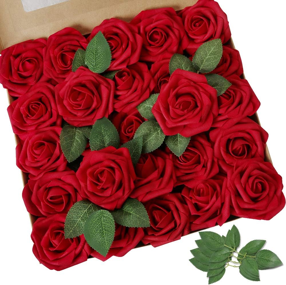 AmyHomie Artificial Flowers Dark Red Rose 50pcs Real Looking Fake Roses w/Stem for DIY Wedding Bouquets Centerpieces Arrangements Party Baby Shower Valentines Day Christmas Tree Decorations