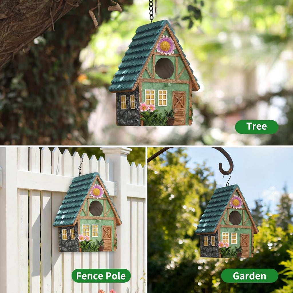 Bird Houses for Outside Cottage-Style Hanging Birdhouse with Flower Accents – Hand-Painted Resin Decorative Bird House for Outdoors for Hummingbird Finches Cardinals Bird Nesting Garden, Patio, Yard