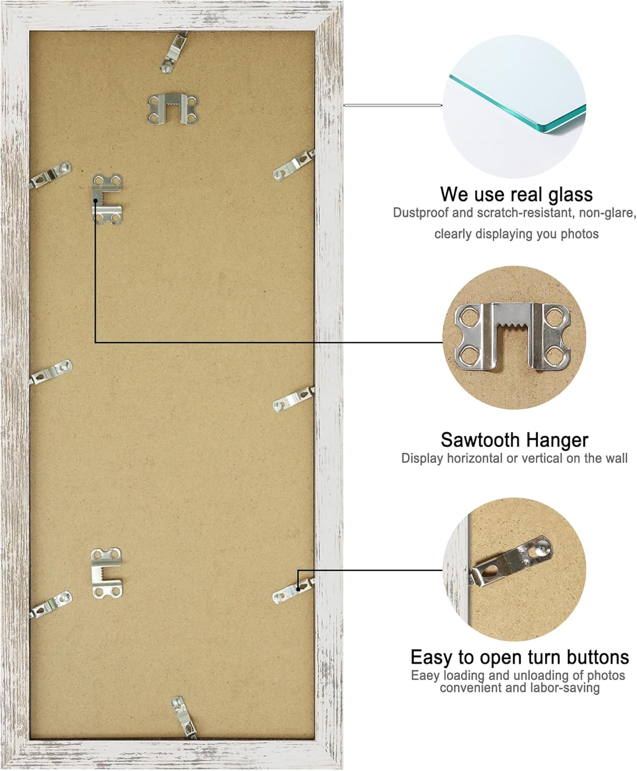 8x20 Picture Frame Set of 2, Distressed White Wood Frame with Tempered Glass Collage Frame, Display Pictures Four 4x6 With Mat or 8 x 20 Without Mat - Horizontal or Vertical Wall Mounting