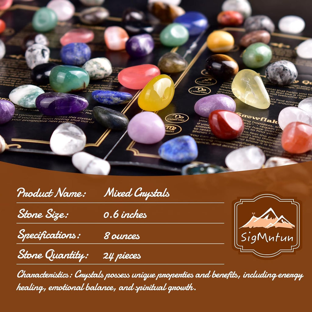Polished Multicolor Healing Crystal Stone Set – 24 Types of 0.6" Handpicked Tumbled Stones for Healing, Reiki, Meditation, Crafting, Home Decor, Ethically Sourced, Mixed Crystals-0.6"