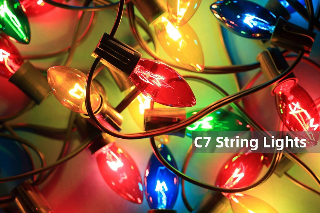 Couah C7 String Lights-25Ft Clear Vintage Multicolor Lights with 27 Colorful Incandescent Bulbs (2 Spare), Outdoor String Lights for Christmas Party Backyard Wedding- Green Wire, ULP(7)-LR(25)(5W)