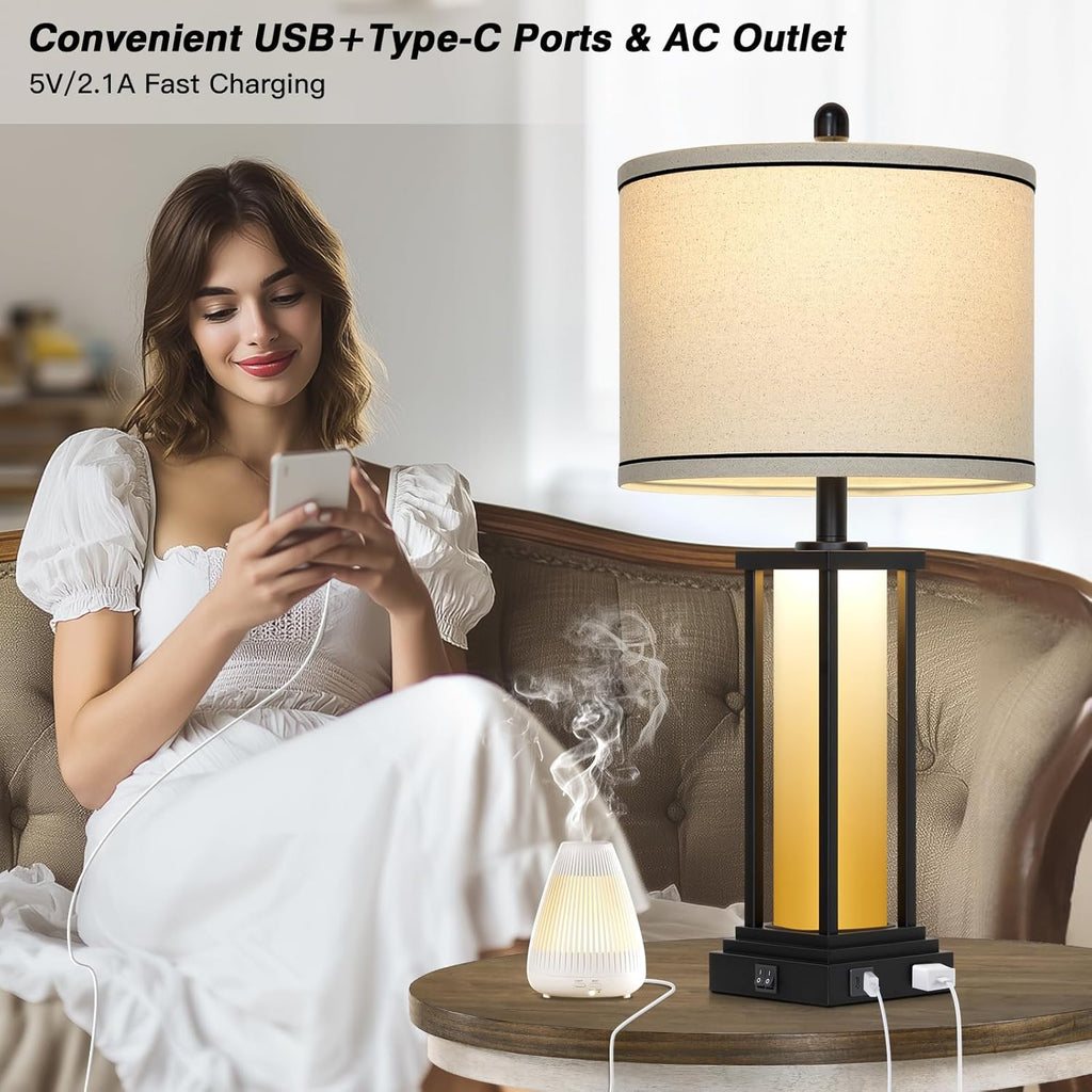 27" Tall Vintage Table Lamp Set of 2 with USB C+A & Outlet,Farmhouse Nightstand Lamp for Living Room,Rustic Retro Bedside Lamps with Red-Orange Glass Night Light for Bedroom Entryway,Black-2