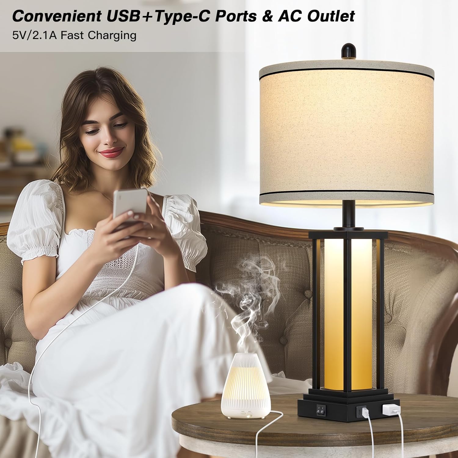 27" Tall Vintage Table Lamp Set of 2 with USB C+A & Outlet,Farmhouse Nightstand Lamp for Living Room,Rustic Retro Bedside Lamps with Red-Orange Glass Night Light for Bedroom Entryway,Black-2