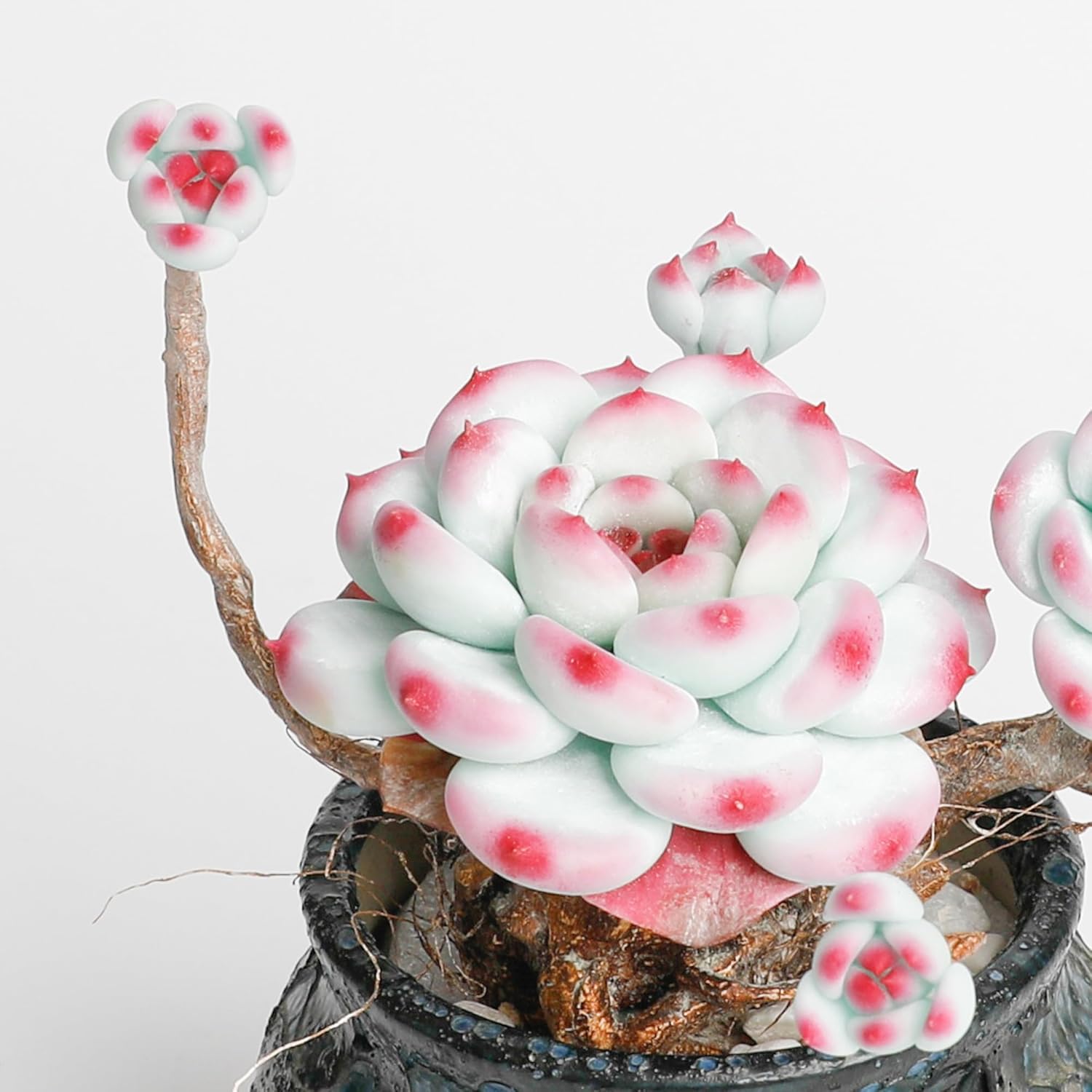Galagaga Handcrafted Artificial Succulent Plant in Textured Ceramic Pot, Pink and Mint Green Clay Flowers, Maintenance-Free Home Decor (1, shape5)