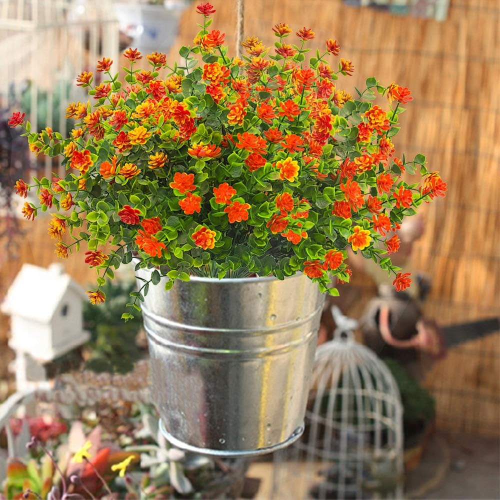 10 Bundles Artificial Fake Flowers, Faux Outdoor Plastic Plants UV Resistant Shrubs Outside Indoor Decorations (Orange-Eucalyptus)