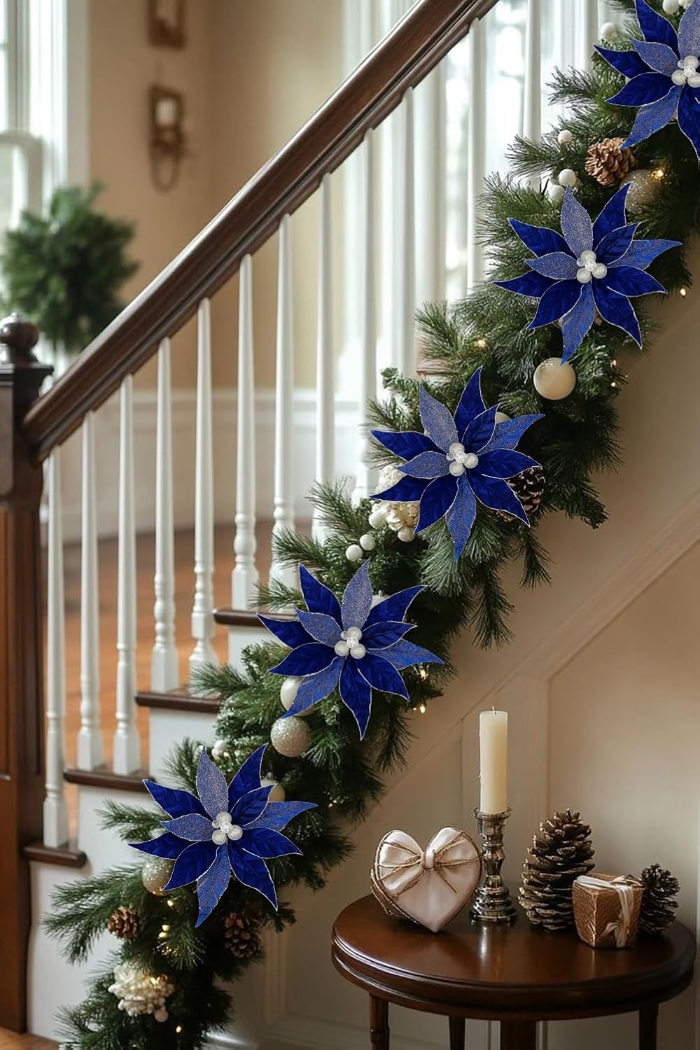 Hollyone 3PCS Poinsettia Christmas Flowers Artificial 11" Large Velvet Blue Glitter Poinsettia Flowers Christmas Tree Ornaments Floral Picks for Tree Wreath Garland Vase Table Centerpiece Home Decor