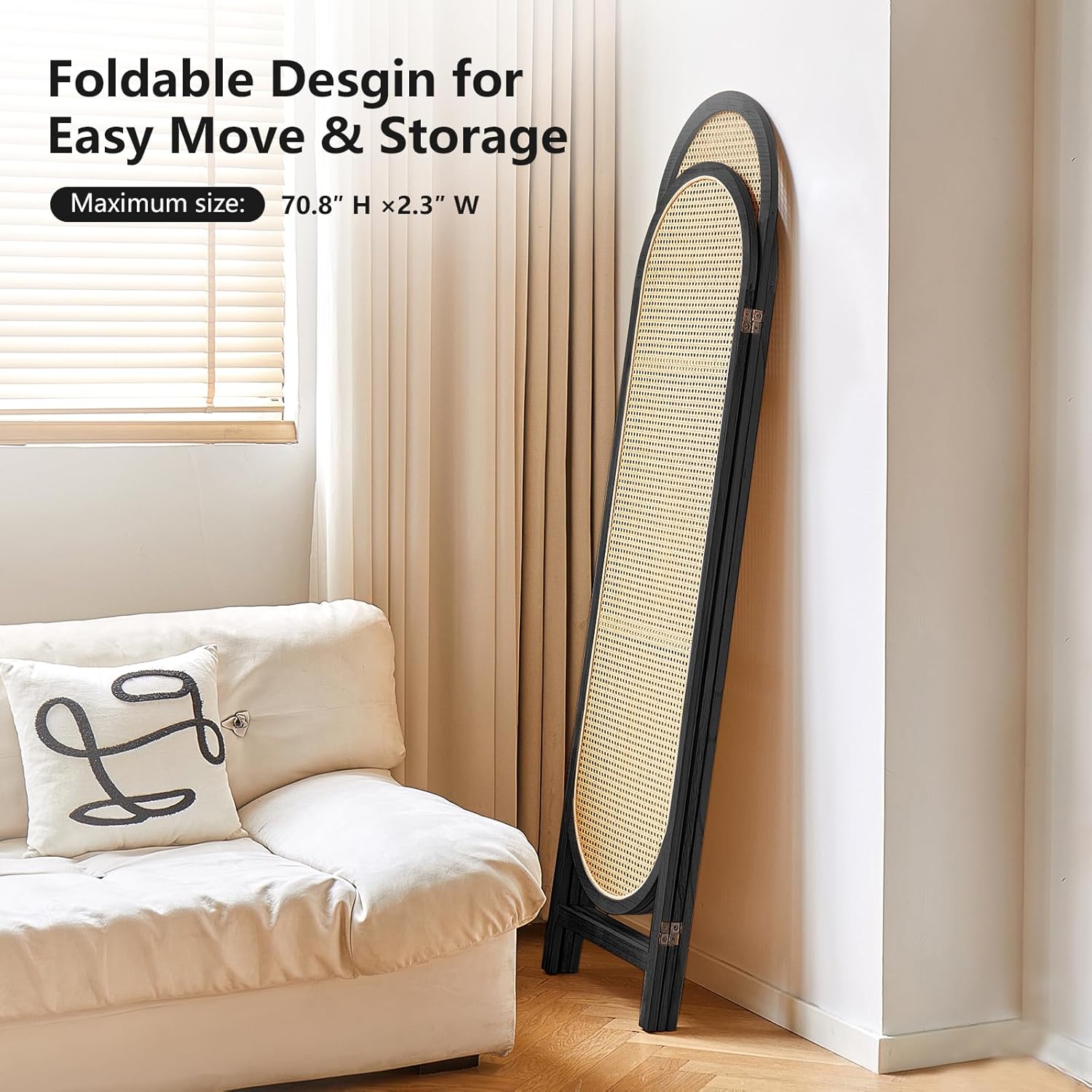 Trifold Room Divider 3 Panel, Folding Room Divider Panel, Rattan Divider Wall, Unique Design Divider Room Screens, Foldable Privacy Screen, Portable Freestanding Partitions Screen (Black)