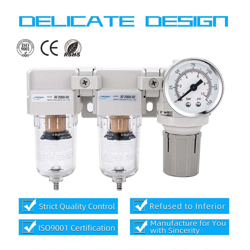 NANPU 1/4" NPT Air Drying System - Double Air Filters, Air Pressure Regulator Combo - Semi-Auto Drain, Poly Bowl