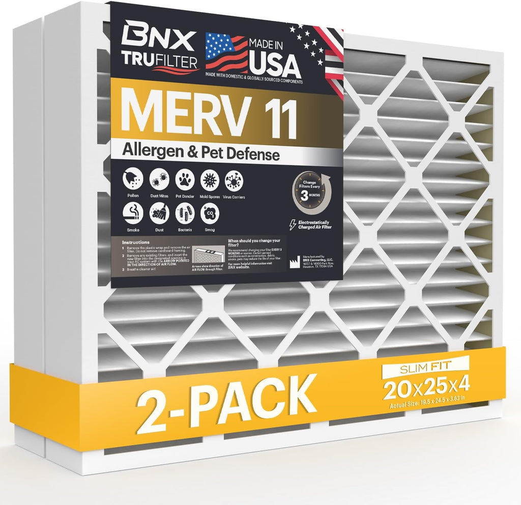 BNX TruFilter 20x25x4 (19.5’’ x 24.5’’ x 3.63‘’ Slim Fit) MERV 11 Air Filter 2-Pack - MADE IN USA - Air Conditioner Furnace Filters HVAC AC Furnace Filters for Allergy Dust, Pet, Mold, MPR 1200 FPR 7