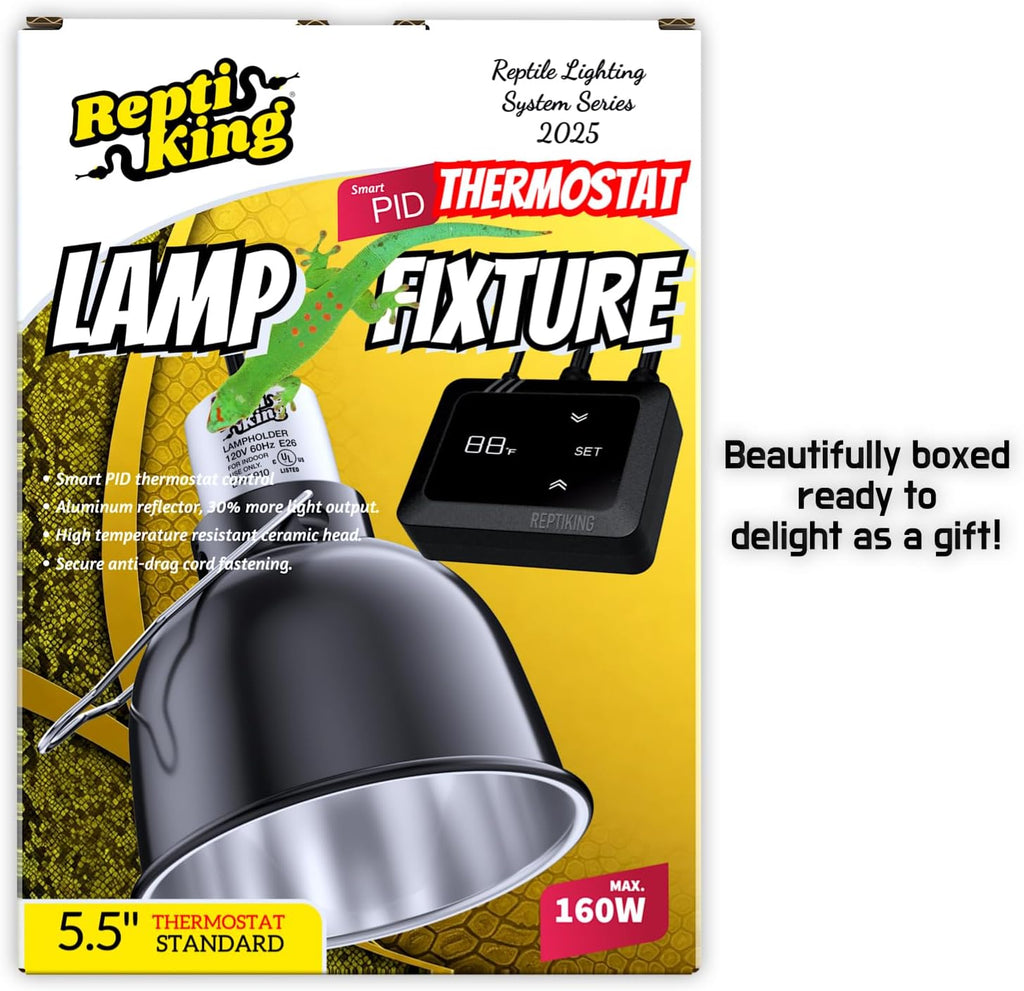 Reptile Heat Lamp Fixture with Dimming Thermostat - 5.5'' Light Dome with PID Thermostat, for Ceramic Heat Emitter & Basking Light Bulb, for Bearded Dragon, Snake, Tortoise, Lizard Tank Accessories