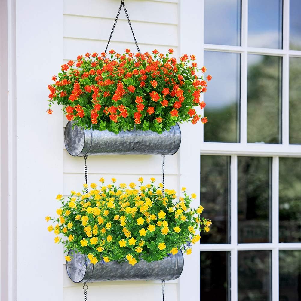 6 Bundles Outdoor Artificial Flowers UV Resistant Fake Boxwood Plants, Faux Greenery for Indoor Outside Hanging Plants Garden Porch Window Box Home Wedding Farmhouse Decor (Orange Red)