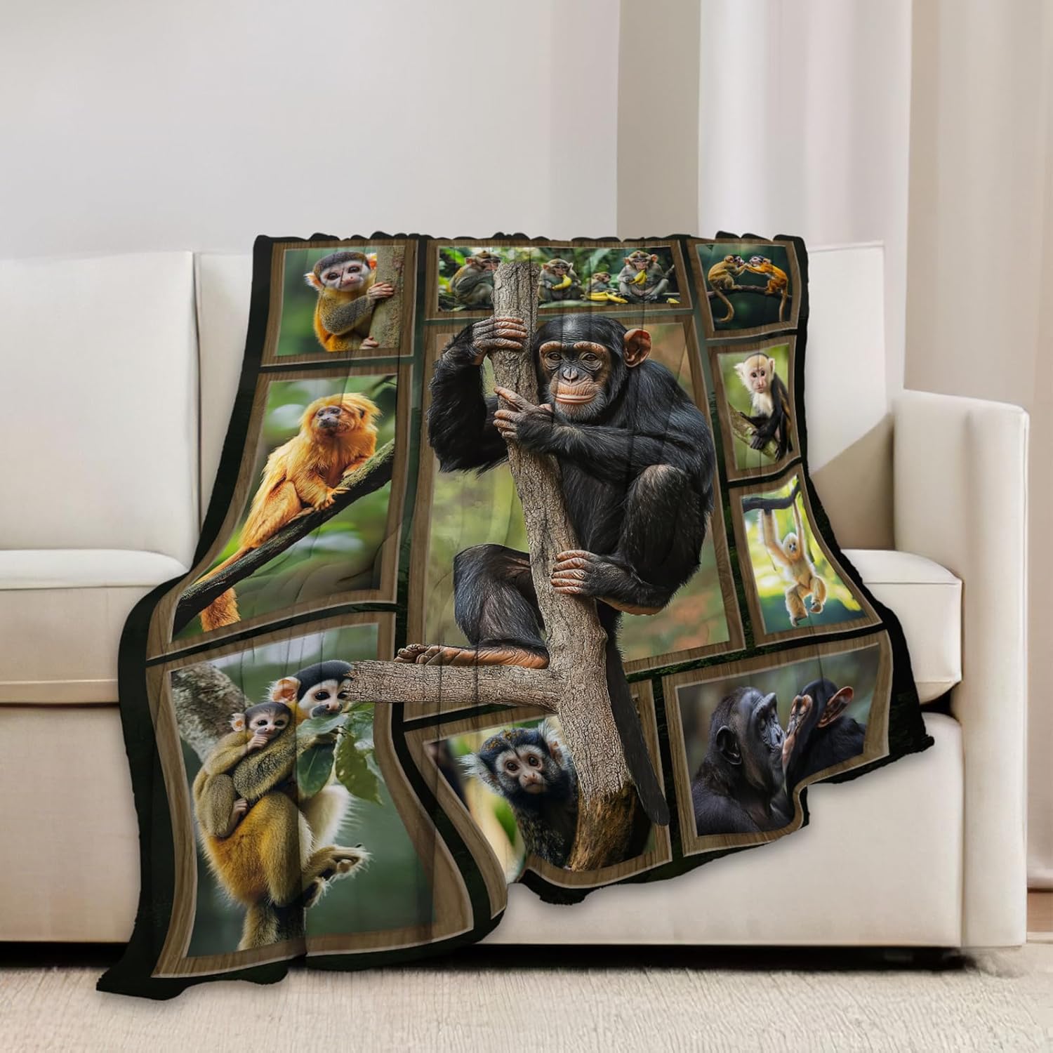 Monkey Blanket Chimpanzee Animal Throw Blankets Gifts for Girls Boys Kids Monkey Lover Soft Cozy Fleece Plush for Couch Sofa Bed 50"x40"