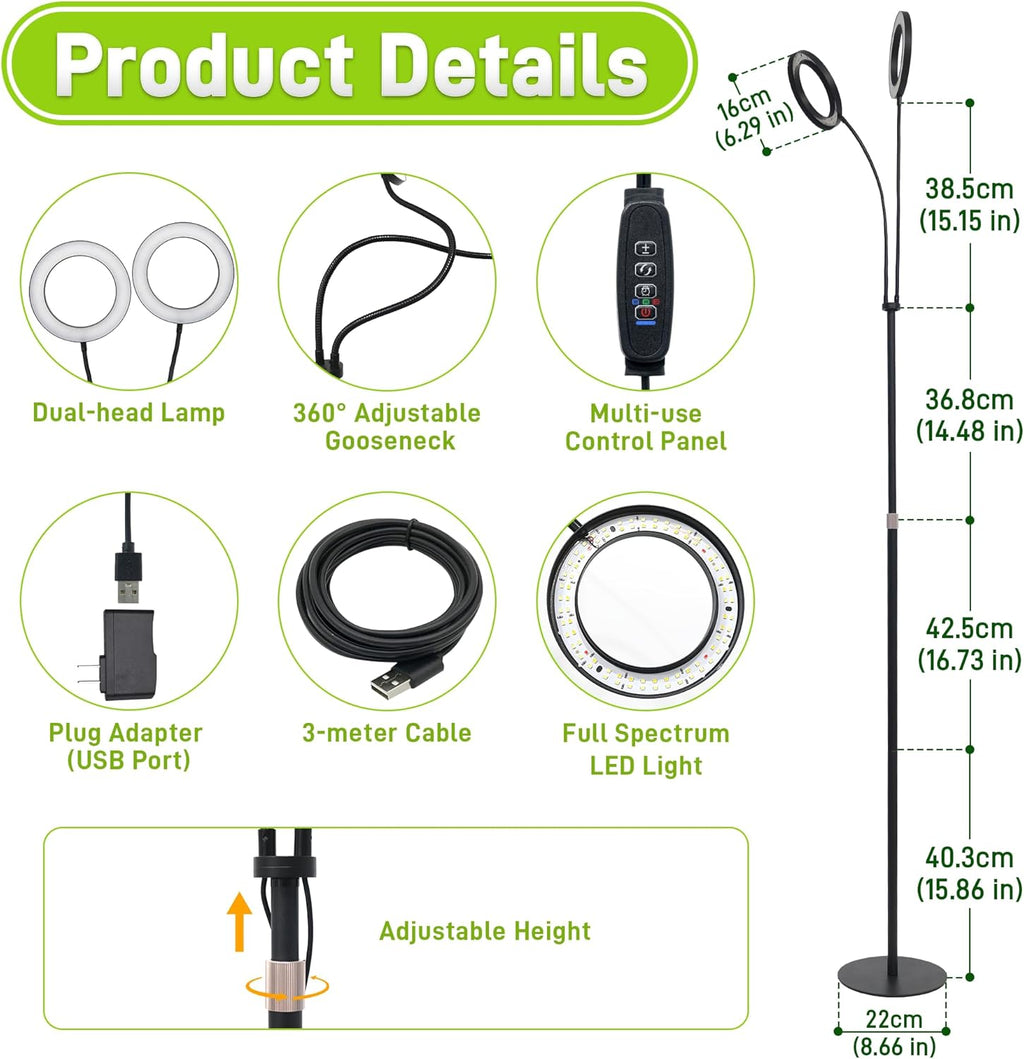 Quibbay Grow Lights for Indoor Plants,Double Head Full Spectrum LED Plant Light with Stand,6 Dimmable Levels & 3 Lighting Modes, Auto On Off Timer 3/9/12H, 38-67 inches Adjustable Height, Black
