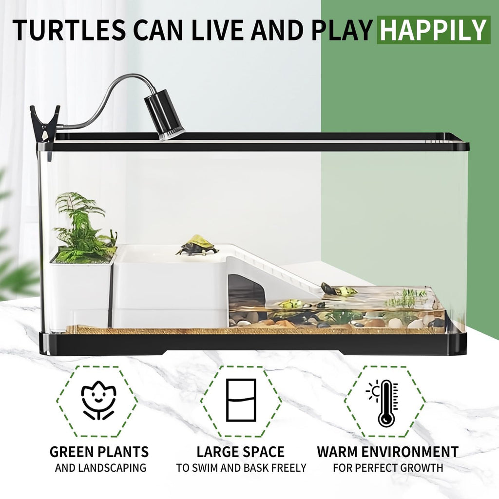 (Tank + Light + Filter + Filter Balls) Turtle Tank Kit, Turtle Tank Starter Kit,Bottom Drainage, Multi-Function Areas for Turtles, Crabs,Fishes, Amphibians,Reptiles.(21.65 × 12.28 × 12.28 Inch)