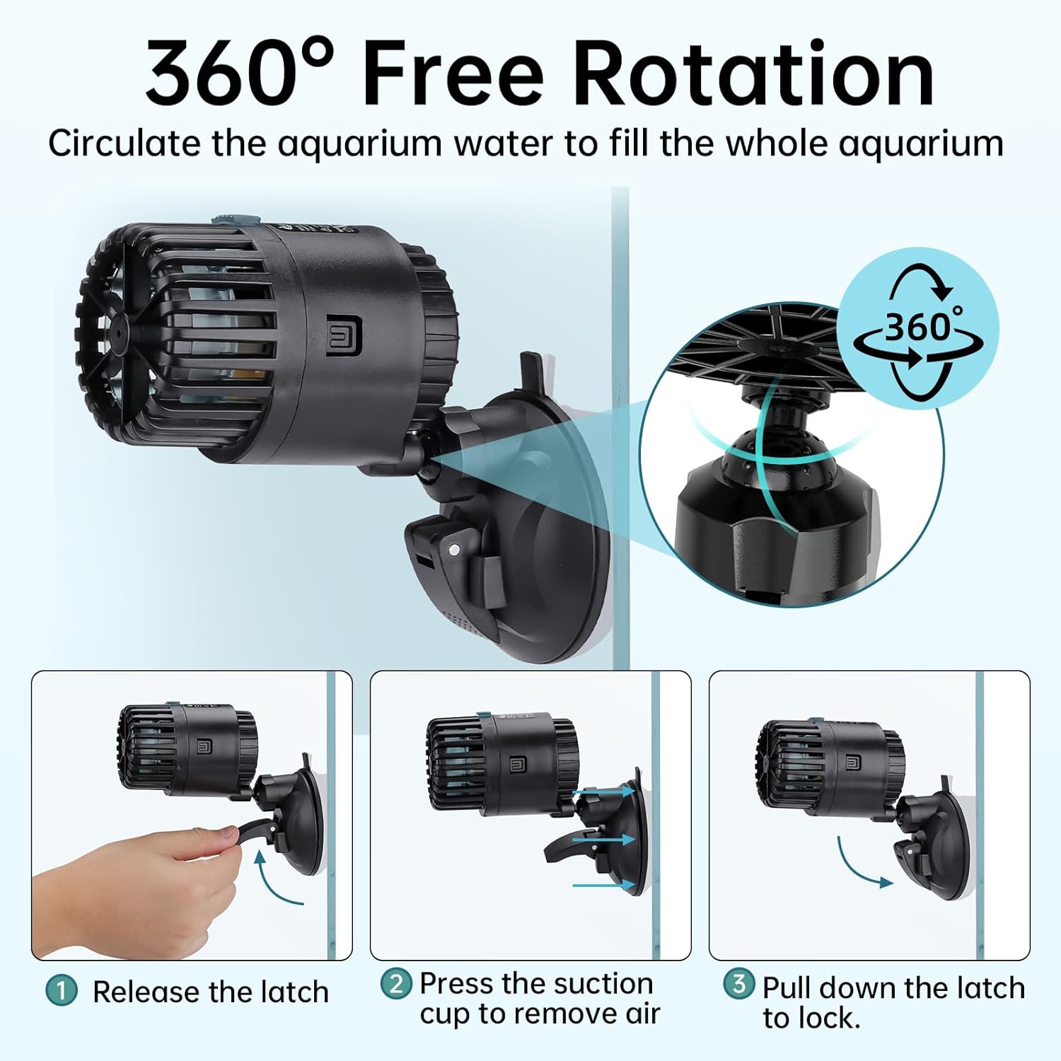 AQQA Aquarium Wave Maker 1200GPH with Powerful Suction Base Fish Tank Wavemaker Submersible Circulation Pump Powerhead 360°Rotatable Quiet Operation for Freshwater 20-75 Gallon Tank (5W)