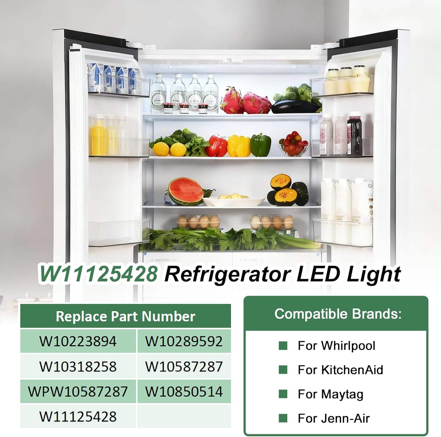 W11125428 Refrigerator LED Light Replacement Fit for Whirlpool KitchenAid Maytag Jenn-Air Fridge Light Module, Replace W10223894, W10289592, W10318258, W10587287 PS12347426