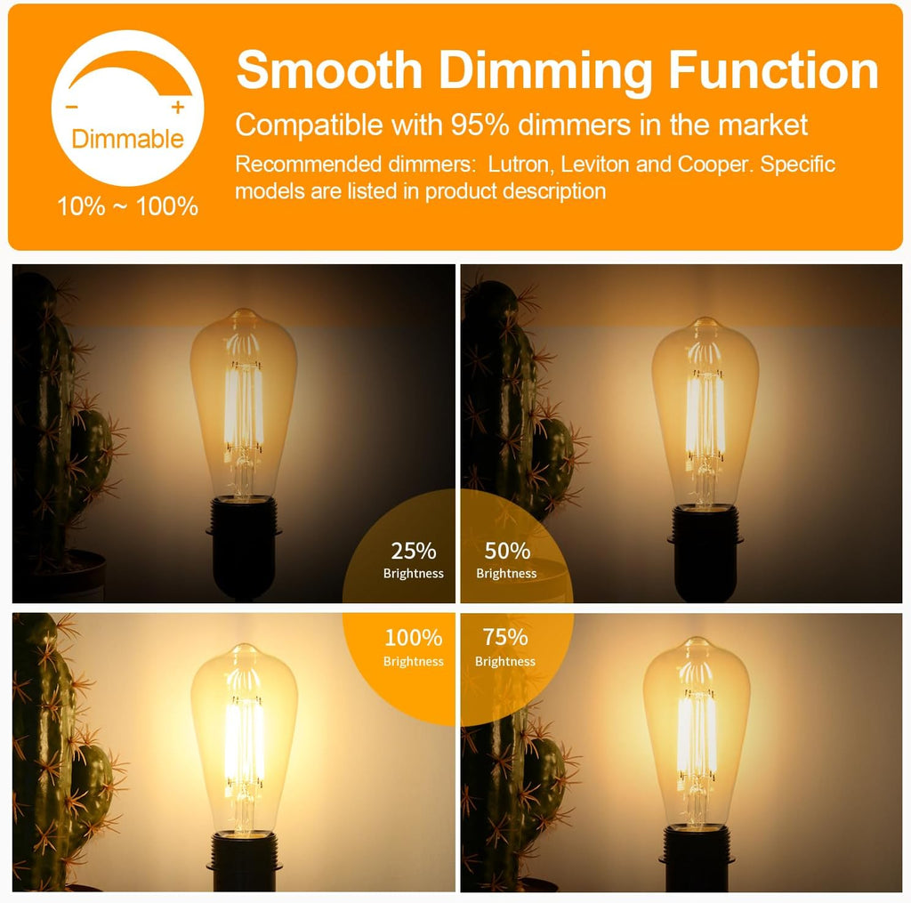 12Packs ST64 Large Vintage LED Edison Bulbs, 60W Equivalent 7W, 800Lumens, Dimmable Antique LED Filament, 2700K Amber Warm White, E26 Medium Base Light Bulbs High Brightness for Bedroom Office