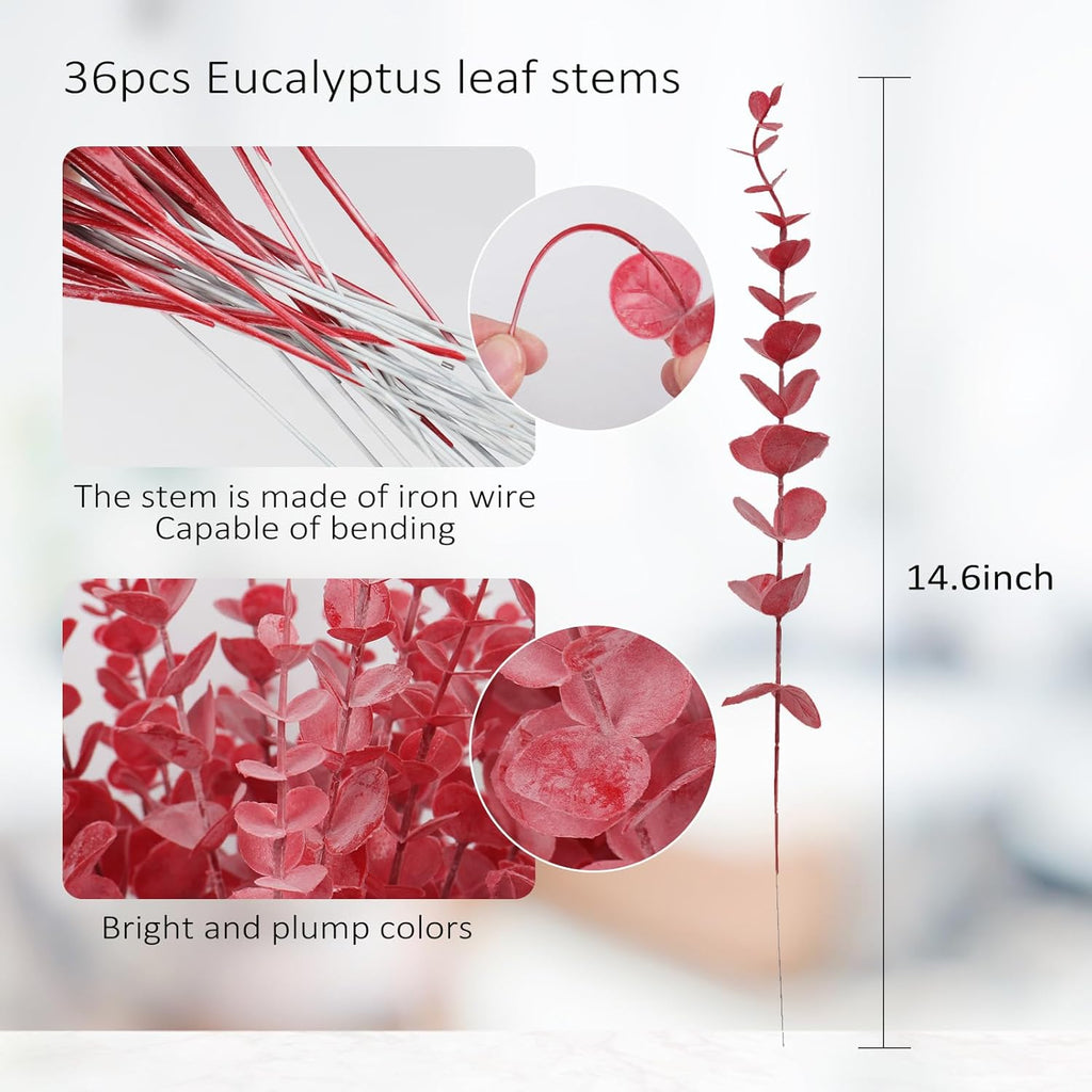 RECUTMS 36Pcs Red Eucalyptus Leaves Stems Artificial Leaf Branches Decor for Indoor Outdoor Valentines Day Christmas Picks Floral Arrangement Wedding Party Bouquet Home Office Table Decoration