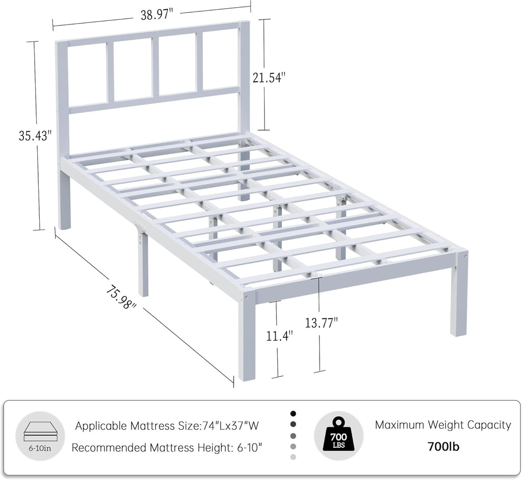 14 Inch Bamboo Bed Frame – Solid Wood Platform Bed Frame, Strong and Stable, with Non-Slip Slats for Support, No Box Spring Needed, Easy to Assemble, Noise-Free (White with Headboard, Twin)