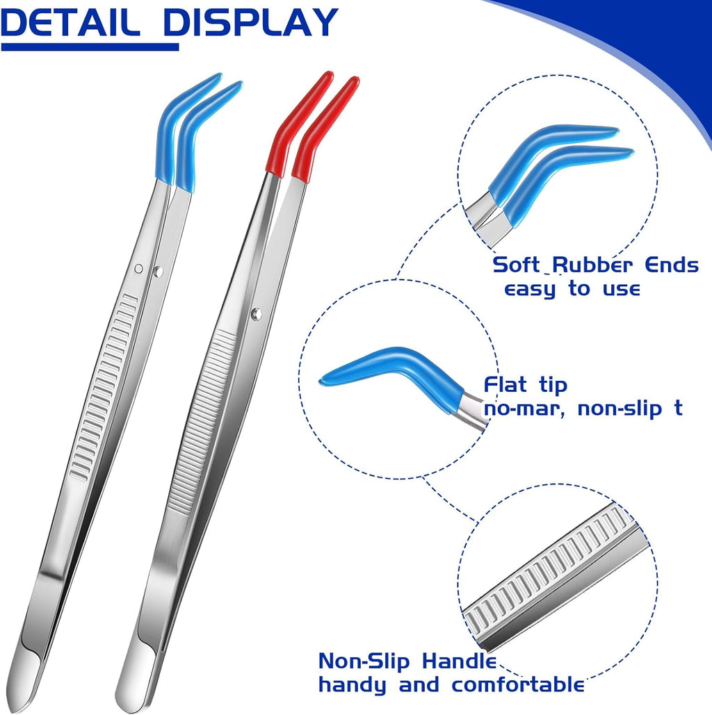 Honoson 2 Pieces Tweezers Curved Bent Tip Tweezers with Rubber Silicone Tips PVC Coated Non Marring Soft Long Rubber Stainless Steel Tools for Jewelry Crafts(Red, Blue)