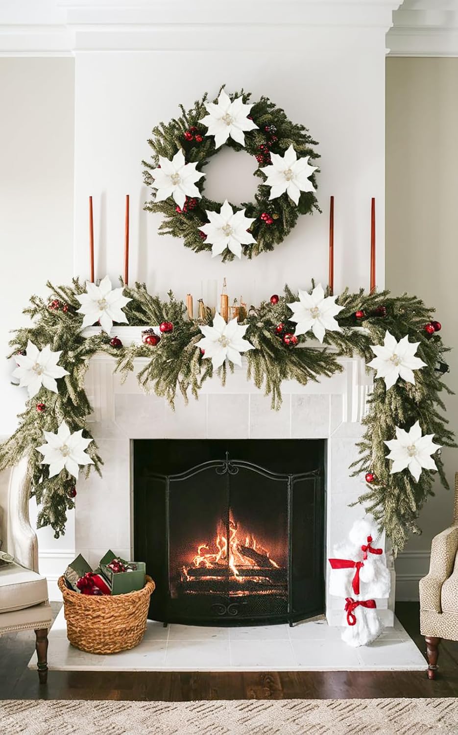 Hollyone 3PCS Poinsettia Christmas Flowers Artificial 11" Large White Glitter Poinsettia Flowers Christmas Tree Ornaments Floral Picks for Tree Wreath Garland Vase Table Centerpiece Home Deco