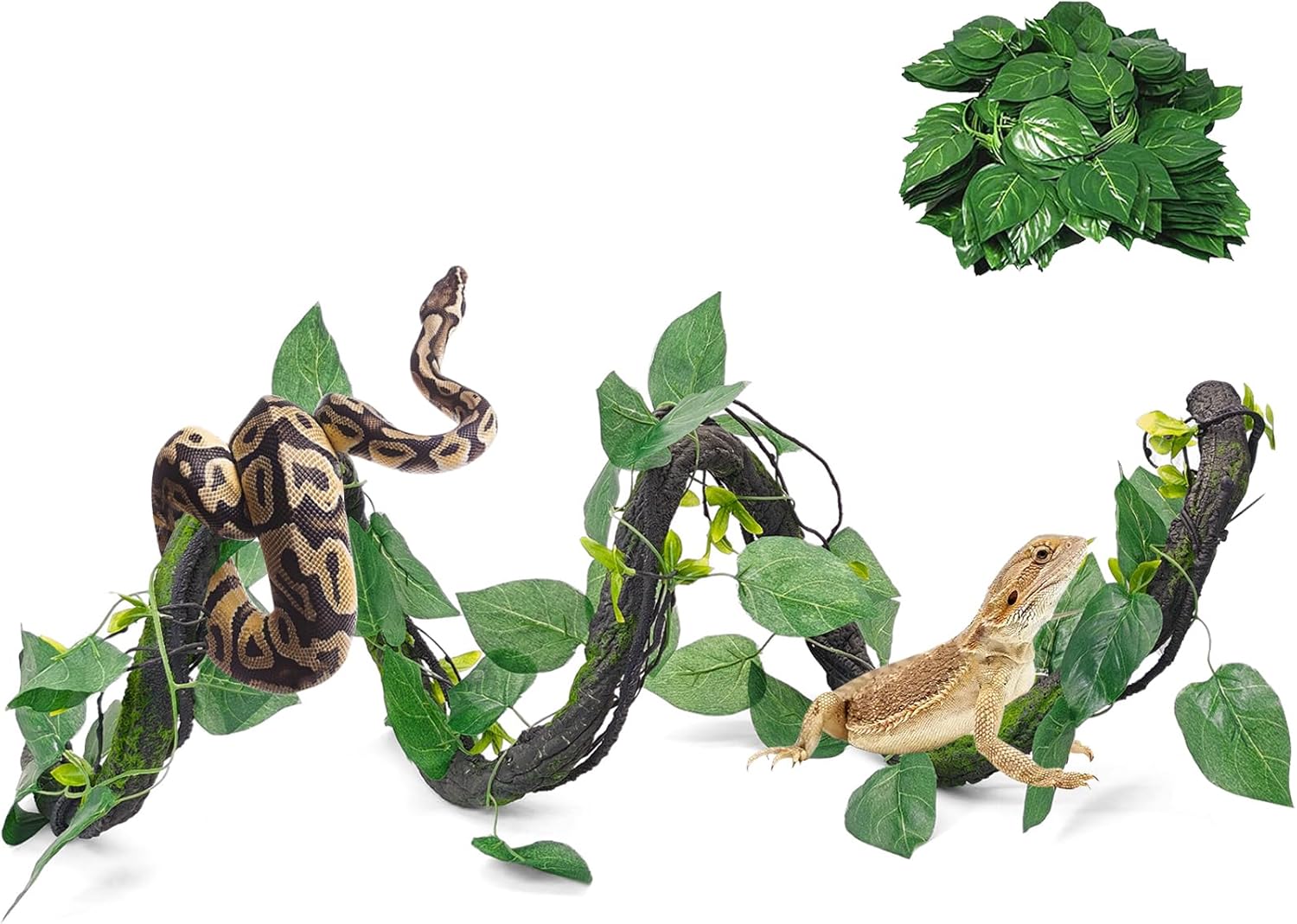 VCEPJH Medium Reptile Vines Thick Terrarium Plants 70 Inches Long Flexible Climbing Branch with Leaves Snake Tank Accessories Greenery Habitat Decor for Bearded Dragon Chameleon Gecko Lizard (Black)
